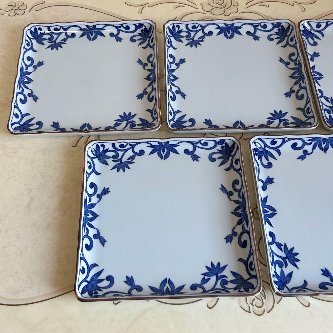 たち吉　橘吉　染付唐草　青華　中皿揃　5枚セット　和皿　四方皿　輪花皿　和食器