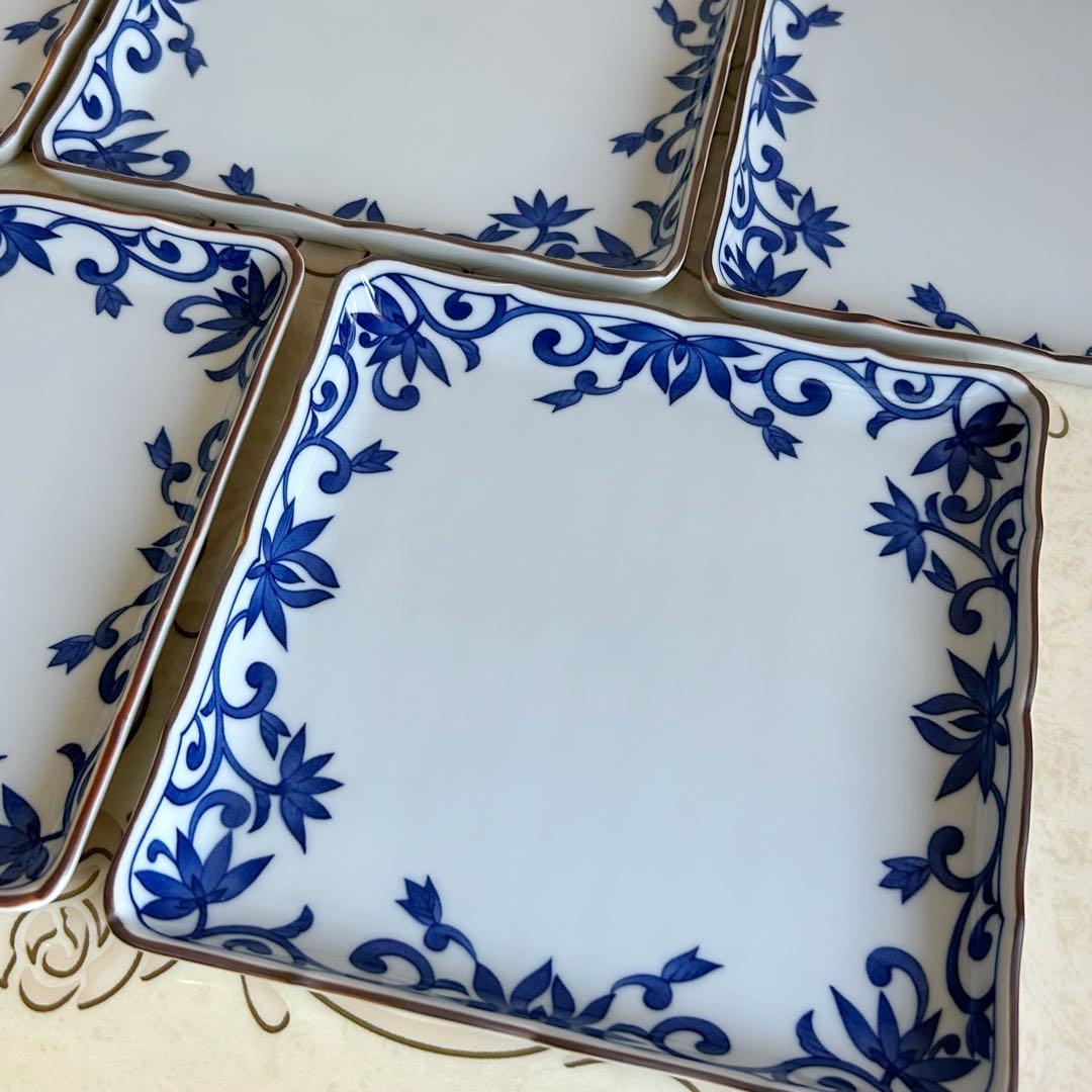 たち吉　橘吉　染付唐草　青華　中皿揃　5枚セット　和皿　四方皿　輪花皿　和食器