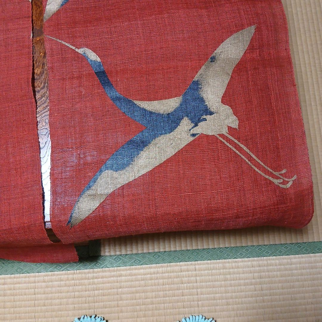 プロフ必読　万葉舎麻のれん 漆染めのれん 鶴 朱赤 サイズ:88×150cm