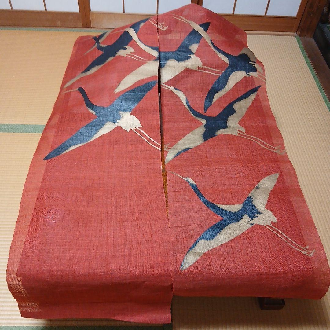 プロフ必読　万葉舎麻のれん 漆染めのれん 鶴 朱赤 サイズ:88×150cm