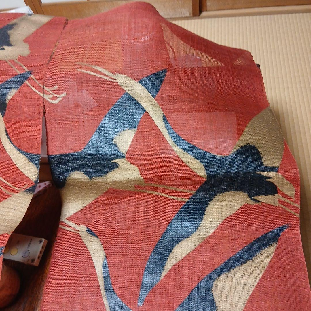 プロフ必読　万葉舎麻のれん 漆染めのれん 鶴 朱赤 サイズ:88×150cm