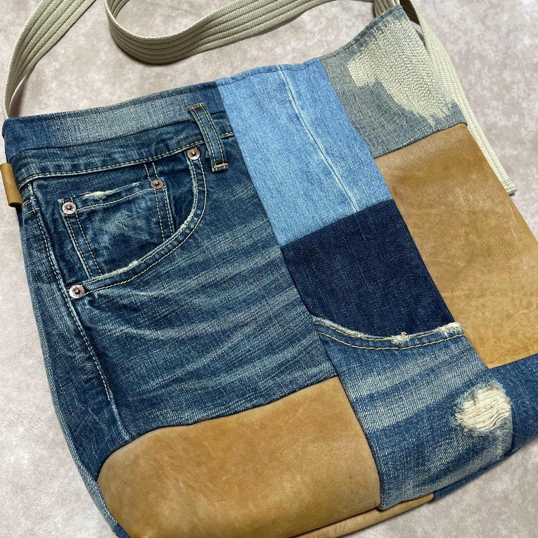 デニムリメイク パッチワークショルダーバッグ レザー革 ハンドメイド 再構築