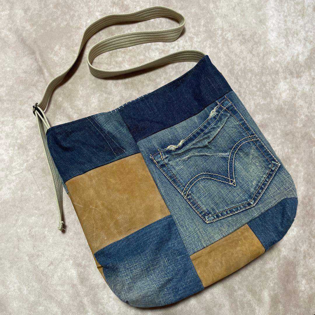 デニムリメイク パッチワークショルダーバッグ レザー革 ハンドメイド 再構築