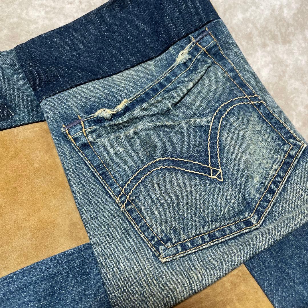 デニムリメイク パッチワークショルダーバッグ レザー革 ハンドメイド 再構築