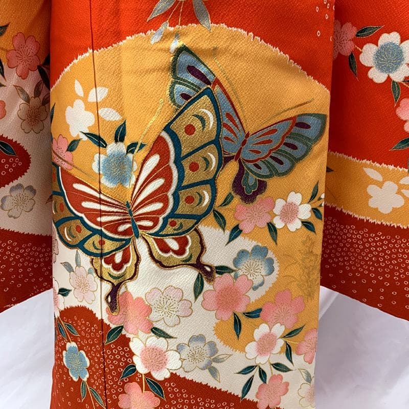 508ag90□七五三 七歳 女児 着物&袋帯 金駒刺繍 蝶 桜□美品