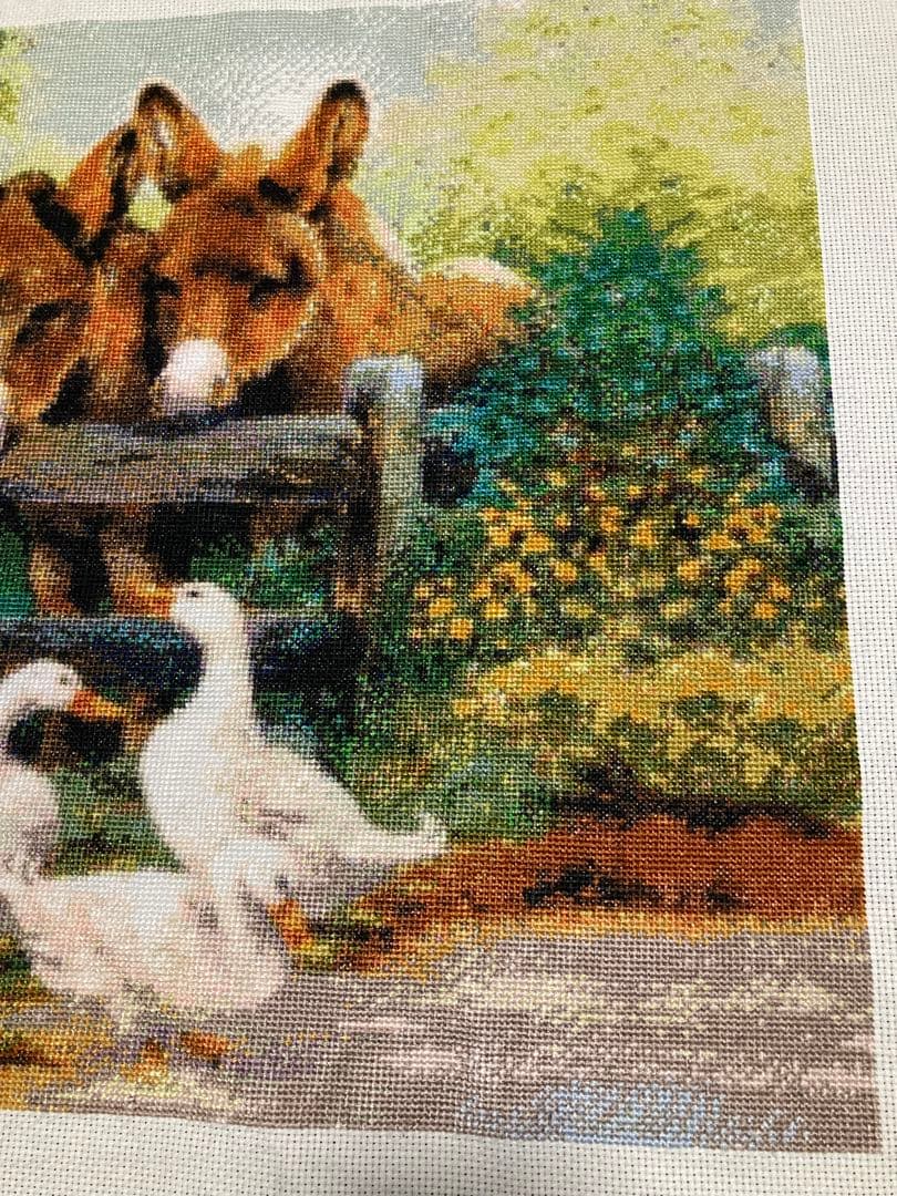 風景刺繍 2頭のロバとアヒル　クロスステッチ完成品