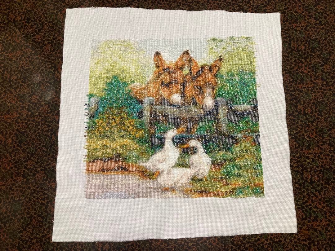 風景刺繍 2頭のロバとアヒル　クロスステッチ完成品