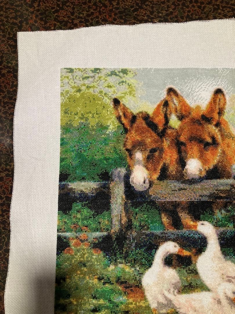 風景刺繍 2頭のロバとアヒル　クロスステッチ完成品