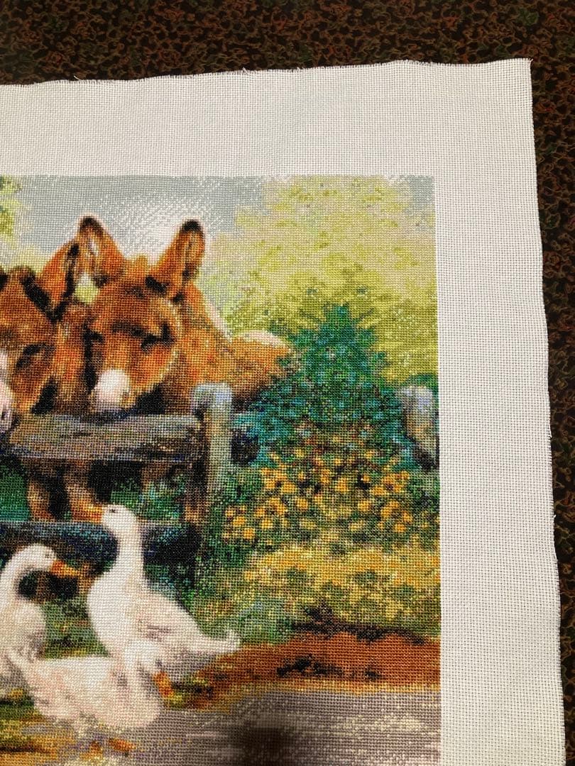 風景刺繍 2頭のロバとアヒル　クロスステッチ完成品
