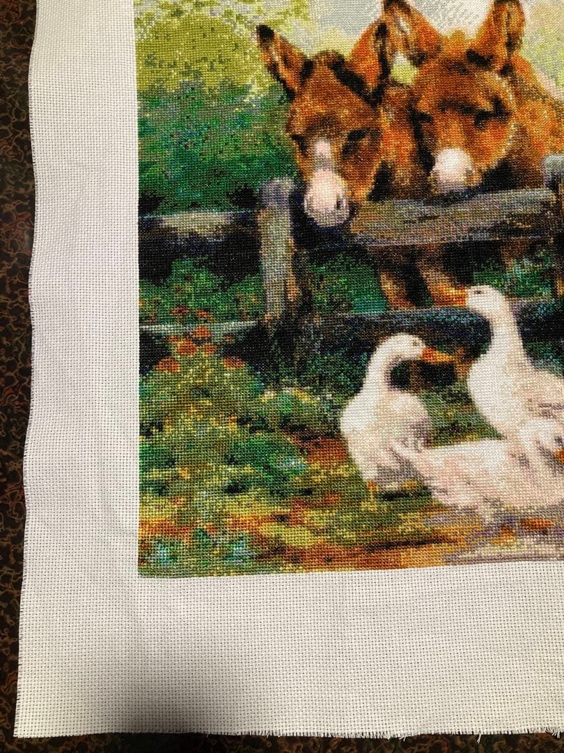 風景刺繍 2頭のロバとアヒル　クロスステッチ完成品