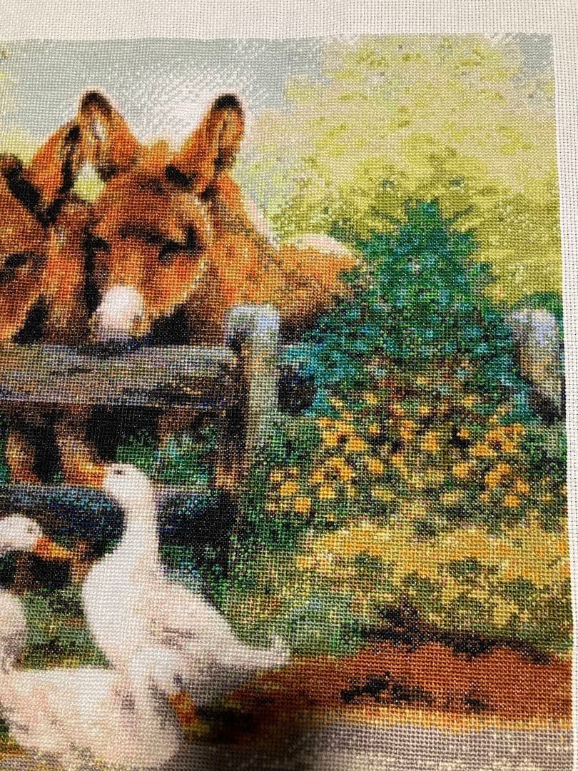 風景刺繍 2頭のロバとアヒル　クロスステッチ完成品