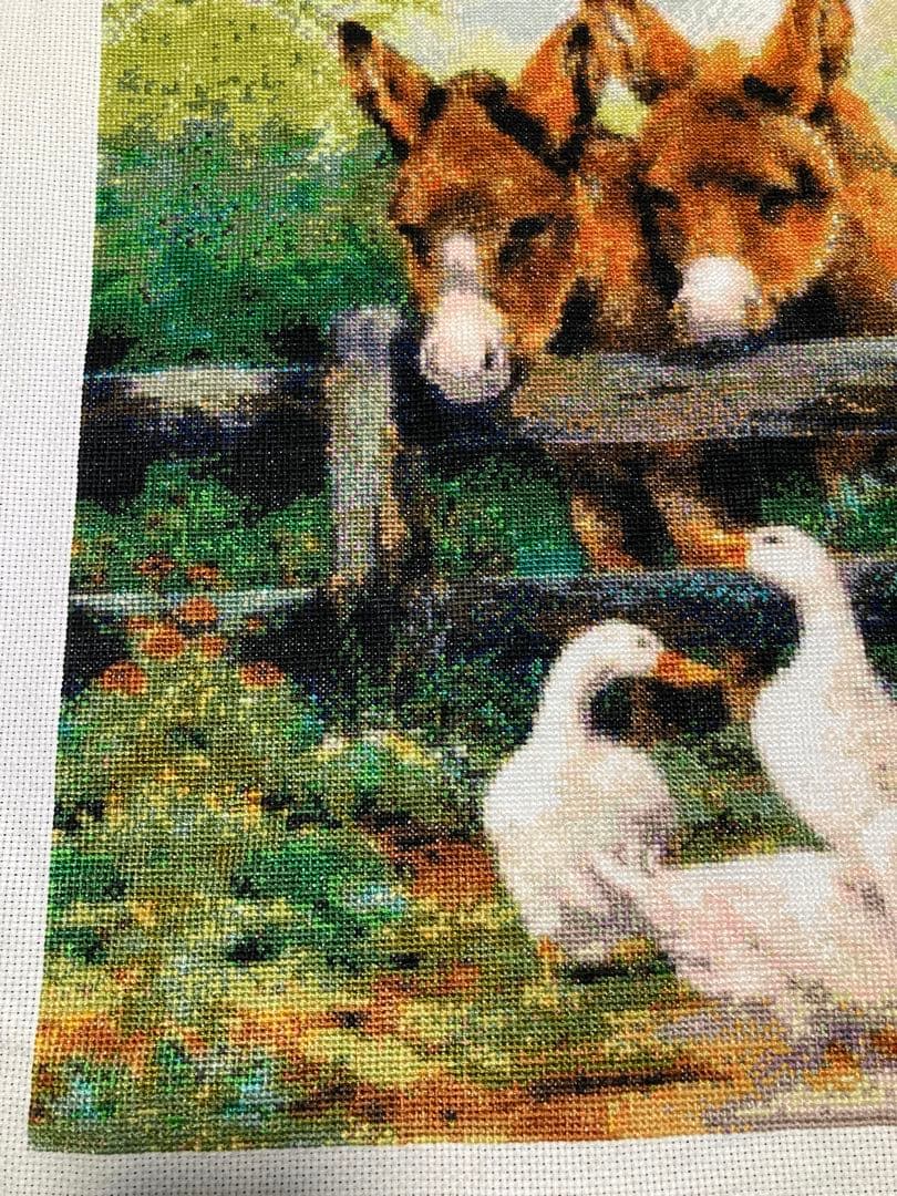 風景刺繍 2頭のロバとアヒル　クロスステッチ完成品