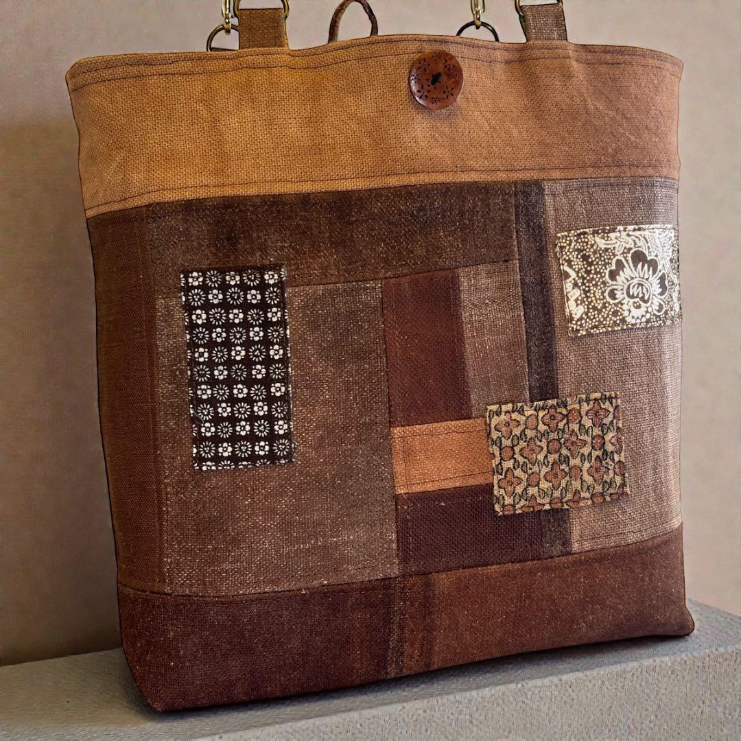 【A4収納】酒袋と和更紗のパッチワーク鞄64\"本革持ち手で丈夫な和モダントート