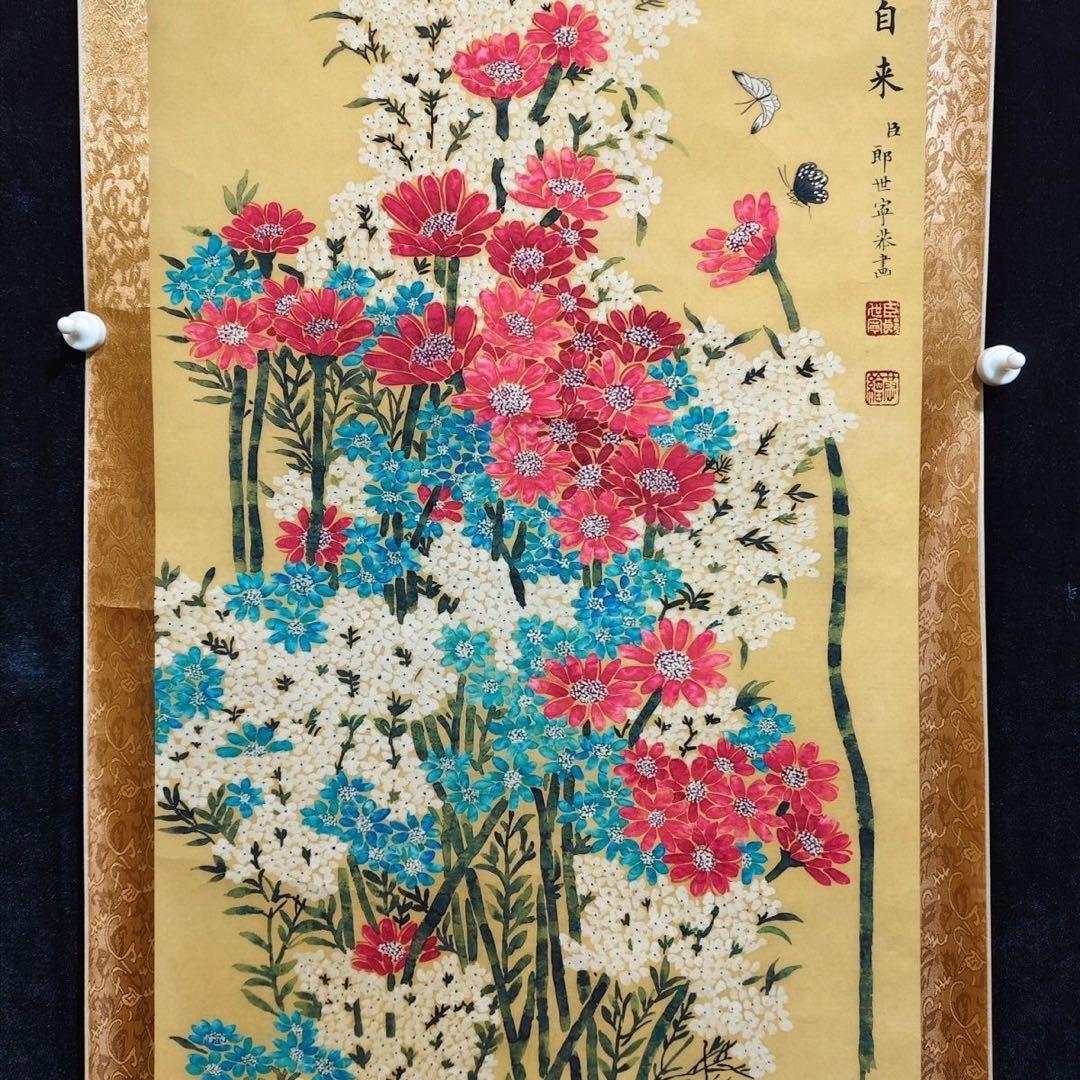 四尺 掛け軸 郎世寧 花卉図 中国画 花鳥画 宣紙 証明書付き 表装済み