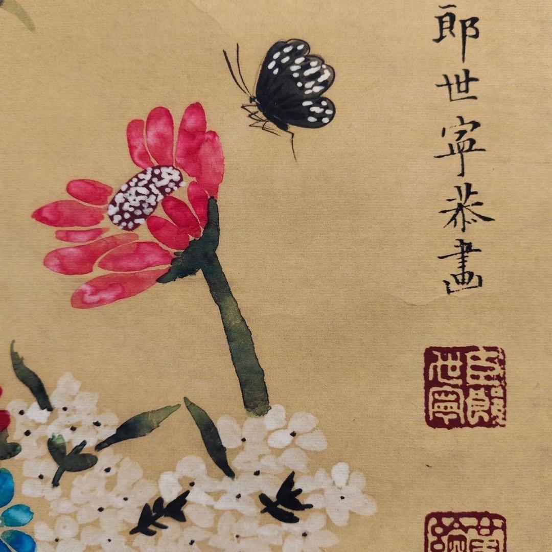四尺 掛け軸 郎世寧 花卉図 中国画 花鳥画 宣紙 証明書付き 表装済み