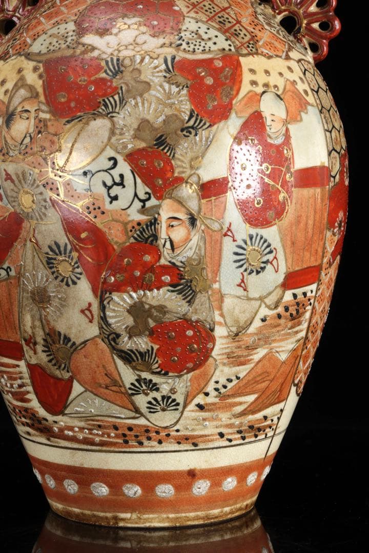 九谷焼 古九谷 赤絵金彩人物図双耳花瓶 飾壺 29㎝ 共箱 時代 古美術 骨董品