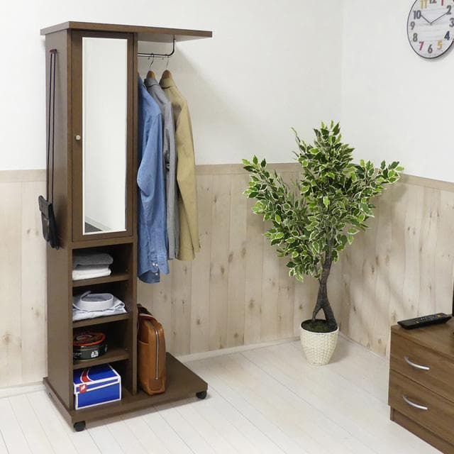 日本製 ミラー付ハンガーラック　ホワイト　☆ミラー、ハンガーラックが一つに