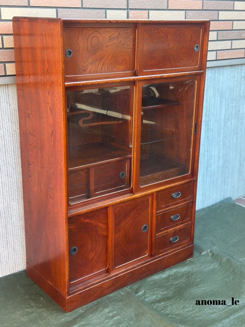 5009【茶箪笥】国産　水屋箪笥　違い棚　収納棚　引戸　和家具　ジャパンヴィンテ