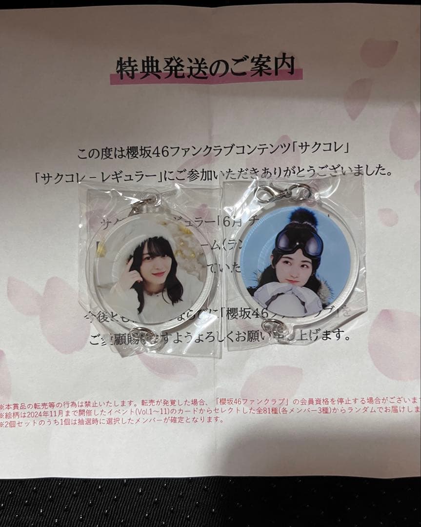 櫻坂46サクコレ特別賞、B賞 山崎天、森田ひかる サイン入りアクリルキーホルダー