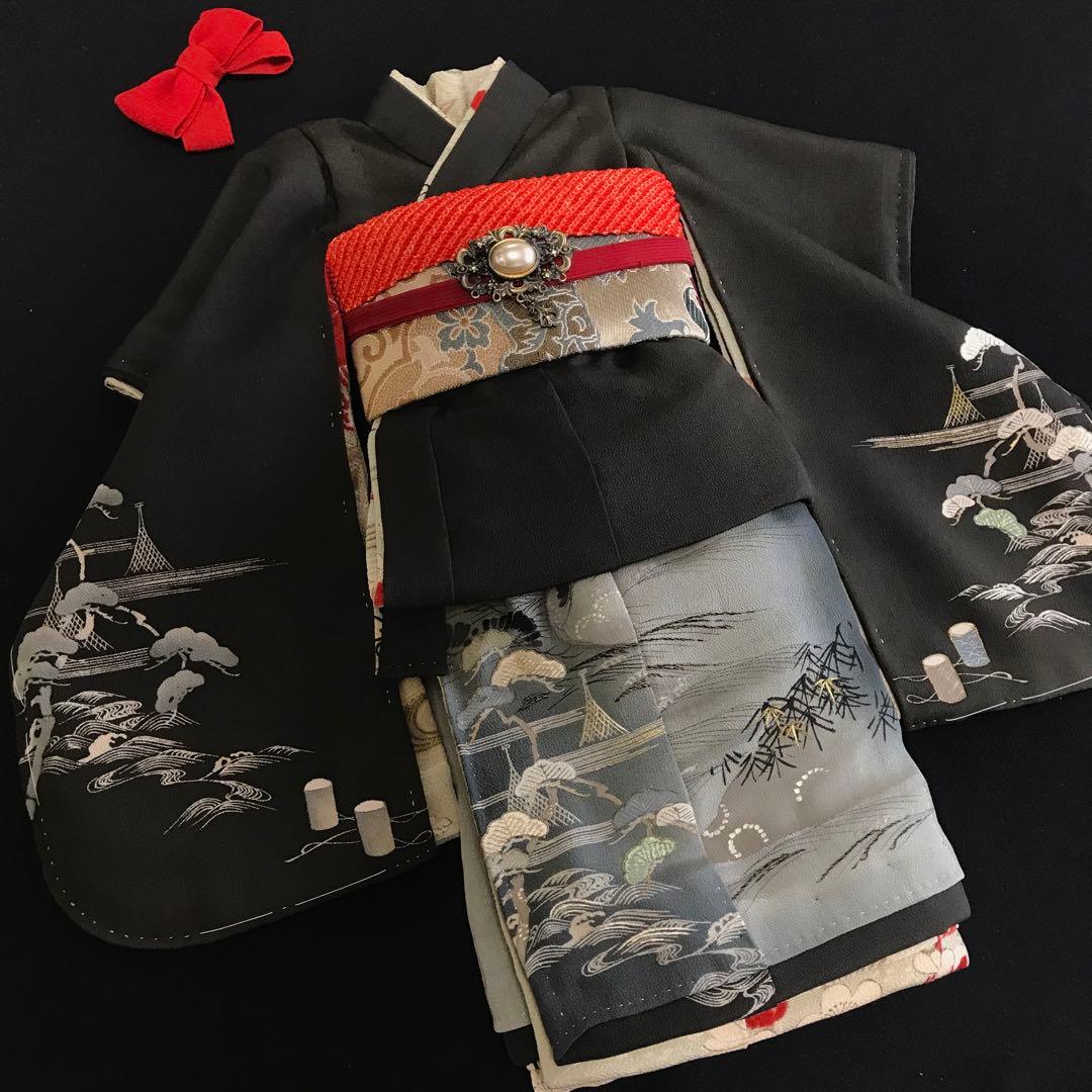 ＊ 市松人形 15号 アンティーク 黒留袖 着物 帯 ＊ 留袖 明治