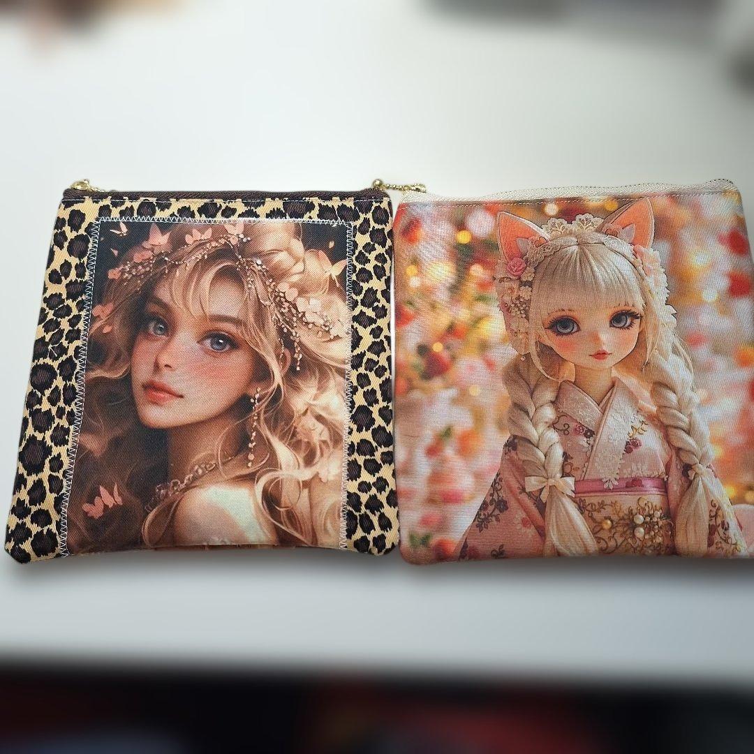 激レア女の子パネル生地　ハンドメイド　両面パネルフラットポーチ