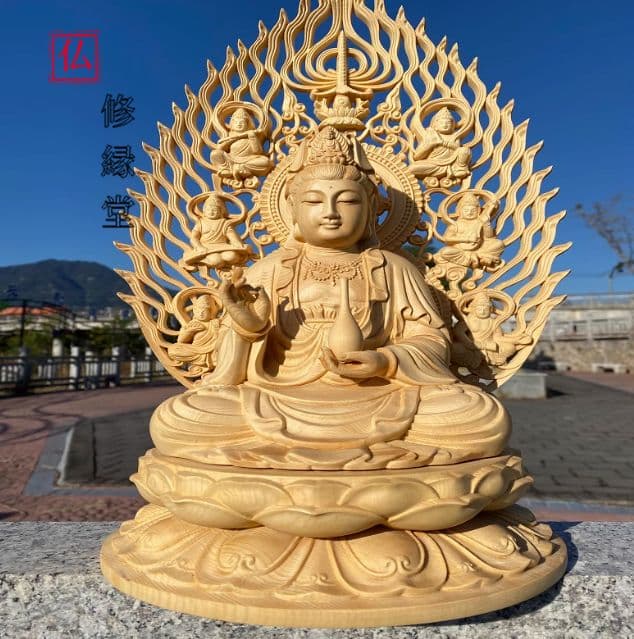 【修縁堂】 鎮宅辟邪 蓮華丸台座 浄瓶観音 木彫仏教 仏教工芸品