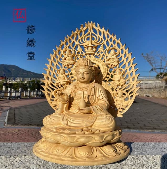 【修縁堂】 鎮宅辟邪 蓮華丸台座 浄瓶観音 木彫仏教 仏教工芸品
