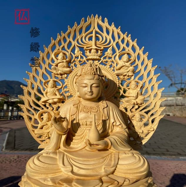 【修縁堂】 鎮宅辟邪 蓮華丸台座 浄瓶観音 木彫仏教 仏教工芸品