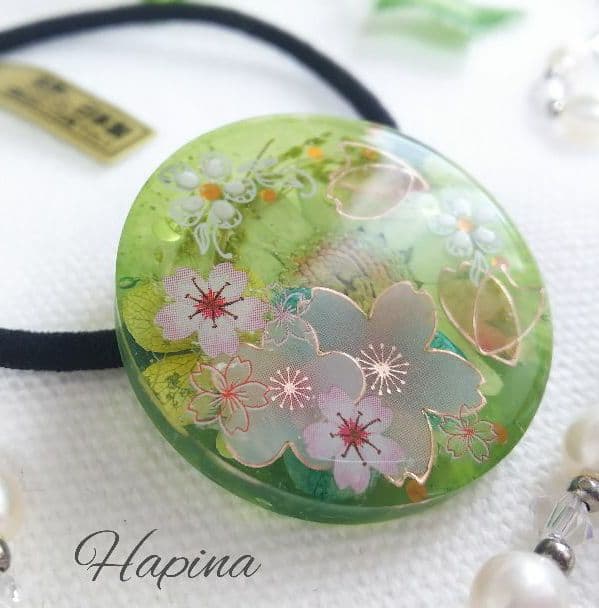 桜グリーンラウンドレジンヘアゴム