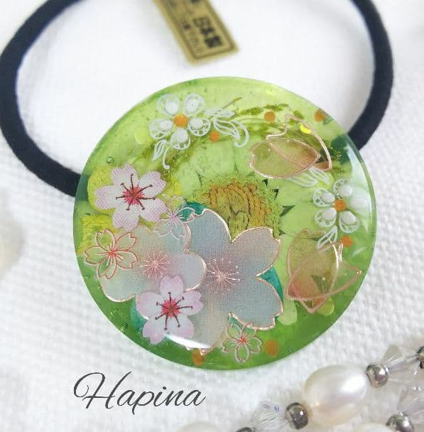 桜グリーンラウンドレジンヘアゴム