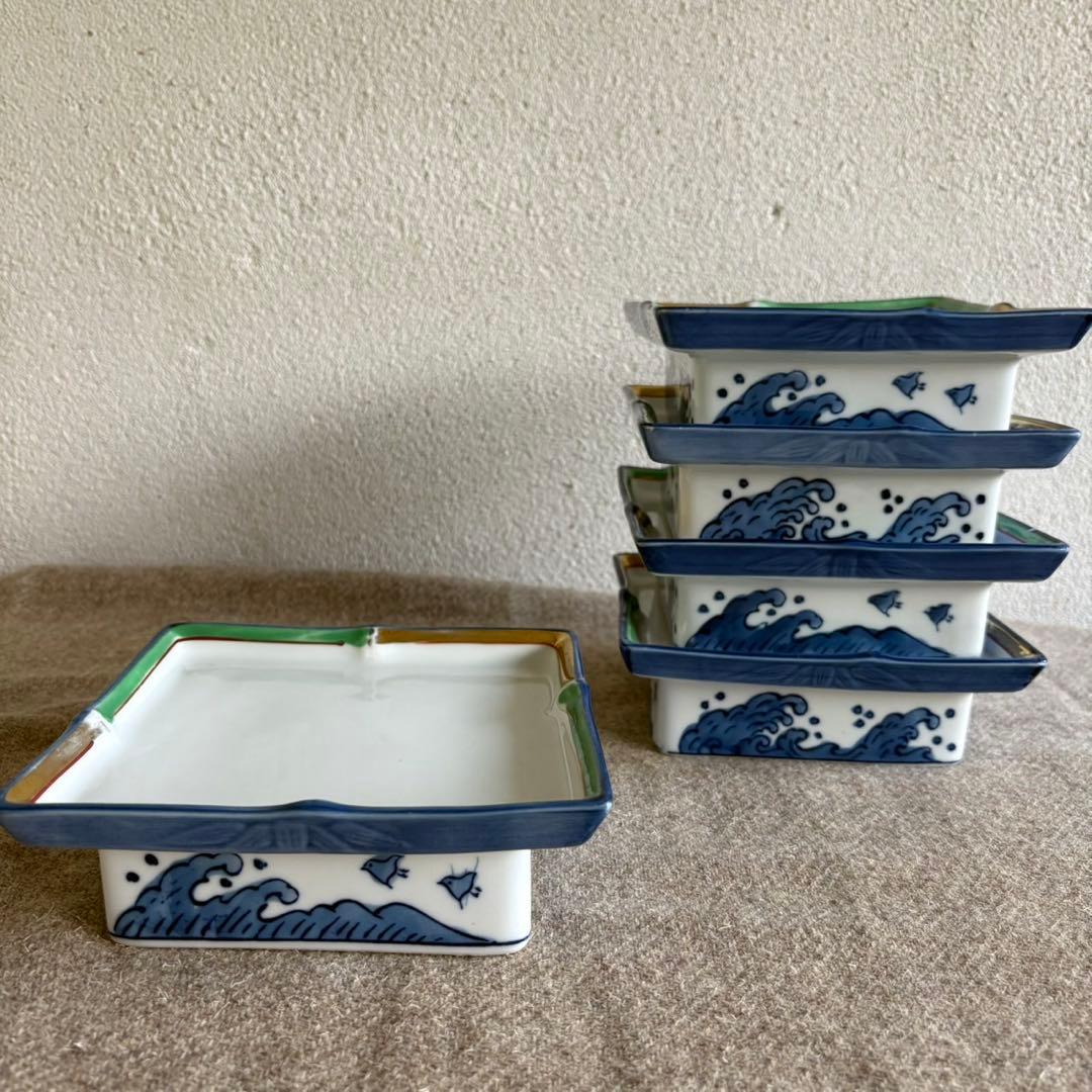 和食器　波千鳥柄 高台皿　5客