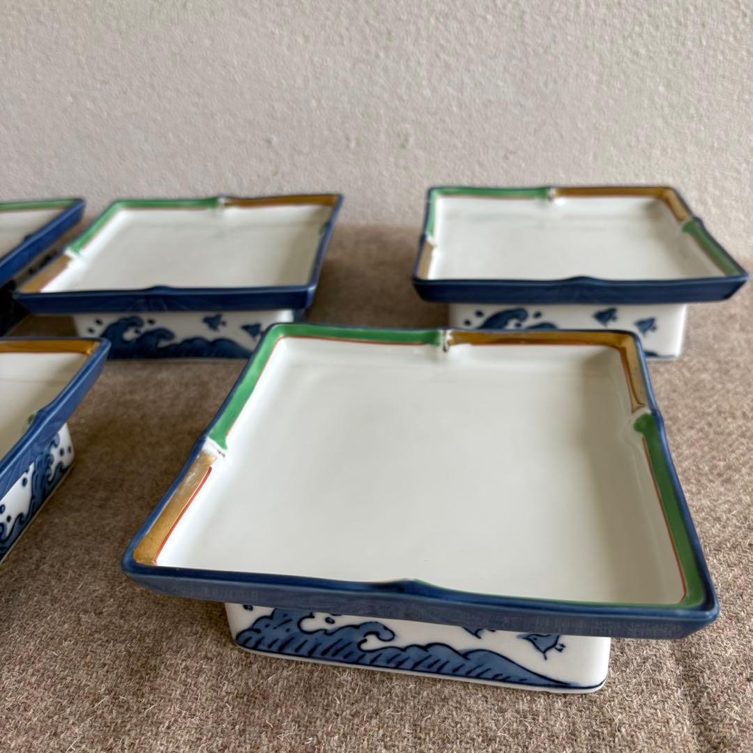 和食器　波千鳥柄 高台皿　5客