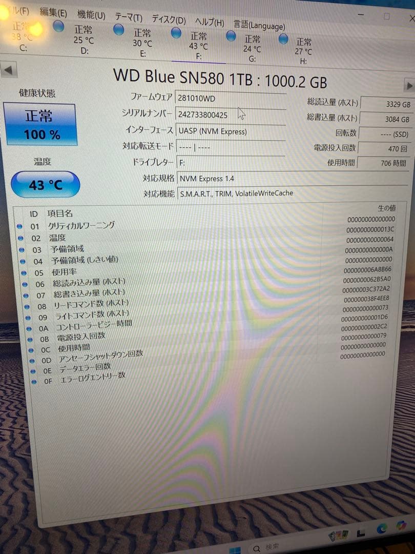 WD Blue SN580 1TB NVMe SSD 使用時間短め