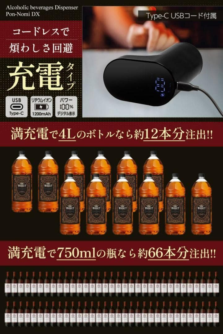 ポンのみDX 電動ディスペンサー 計量 1000種類以上のボトルや瓶に対応（赤）