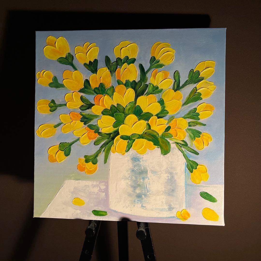 手書き油絵 花瓶の花 イエロー 肉筆絵画 インテリア 油彩画