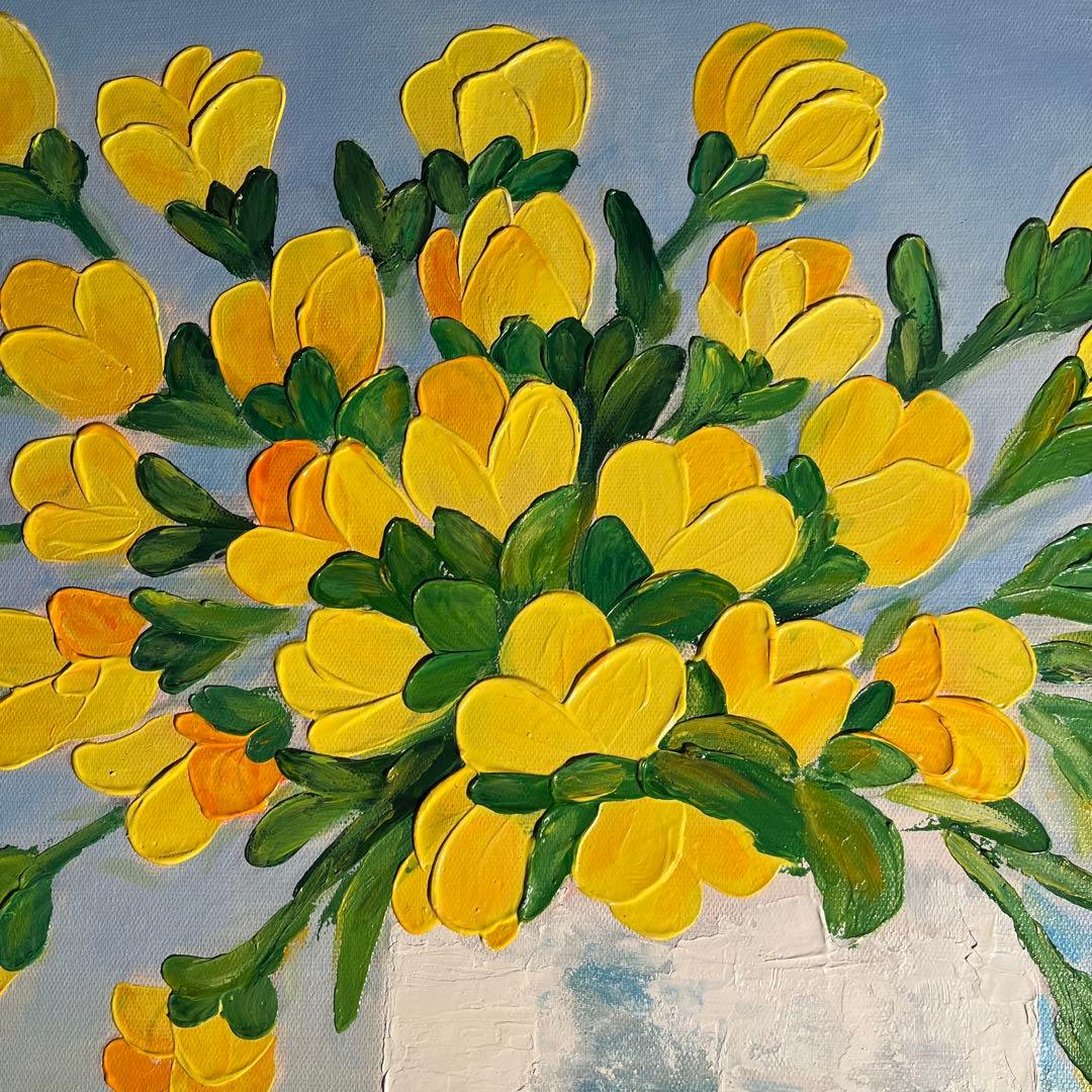 手書き油絵 花瓶の花 イエロー 肉筆絵画 インテリア 油彩画