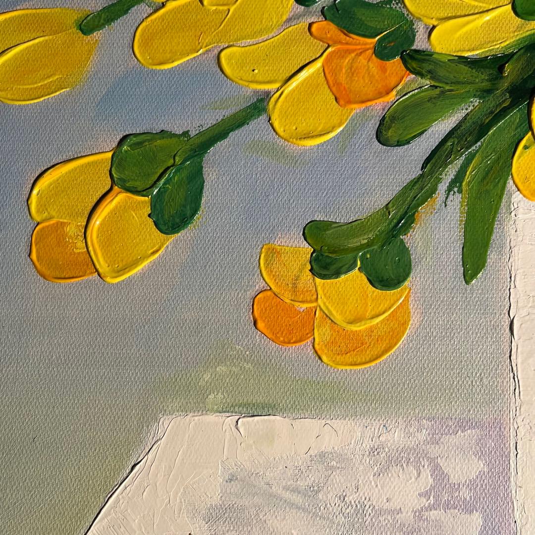 手書き油絵 花瓶の花 イエロー 肉筆絵画 インテリア 油彩画