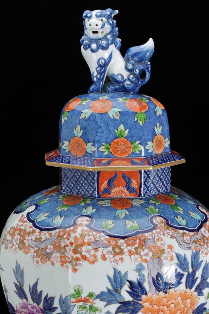 有田焼 耕右衛門 染錦金彩色絵 獅子摘蓋沈香壺 特大98cm 飾壺 古美術 骨董