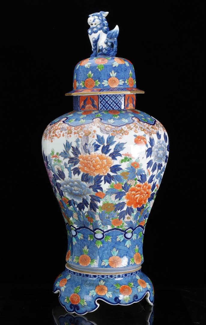 有田焼 耕右衛門 染錦金彩色絵 獅子摘蓋沈香壺 特大98cm 飾壺 古美術 骨董