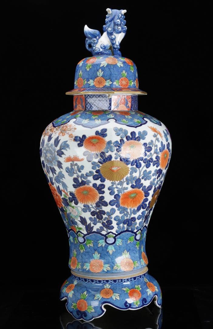 有田焼 耕右衛門 染錦金彩色絵 獅子摘蓋沈香壺 特大98cm 飾壺 古美術 骨董