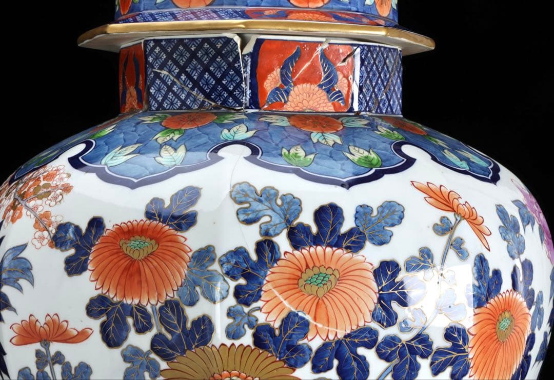 有田焼 耕右衛門 染錦金彩色絵 獅子摘蓋沈香壺 特大98cm 飾壺 古美術 骨董