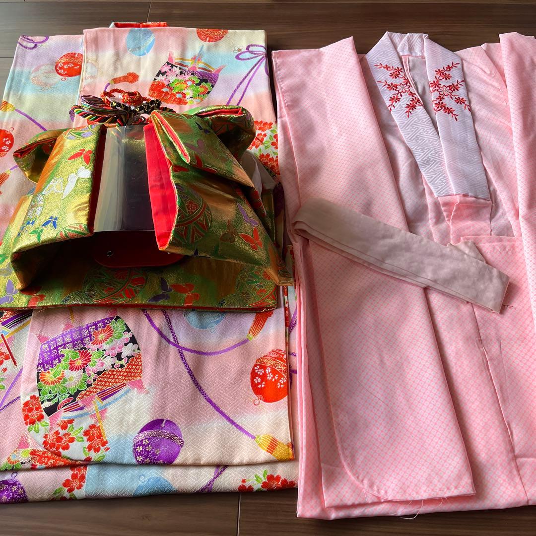 七五三 7歳女児用 正絹着物 帯 長襦袢 草履 バッグ等小物一式 ピンク系