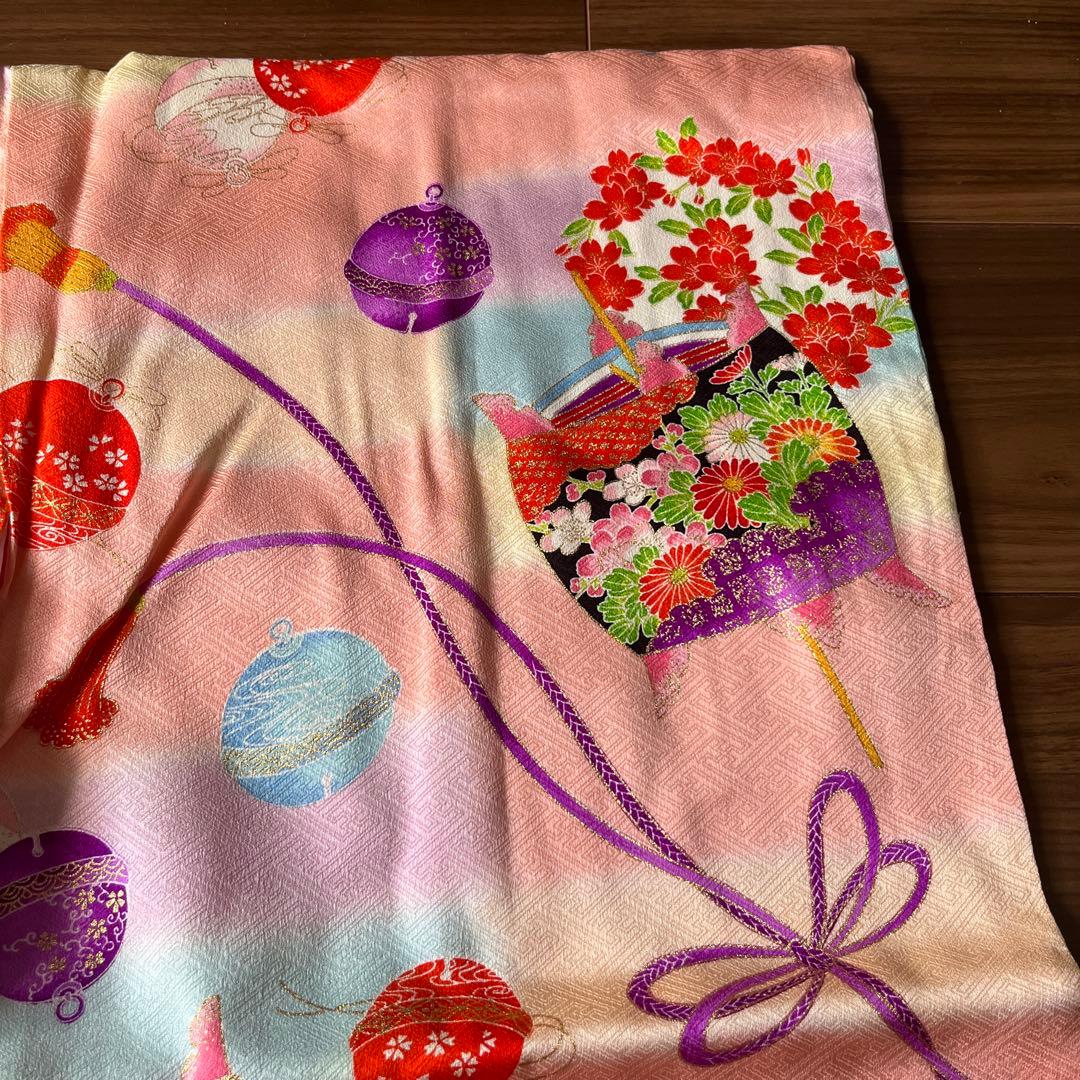 七五三 7歳女児用 正絹着物 帯 長襦袢 草履 バッグ等小物一式 ピンク系