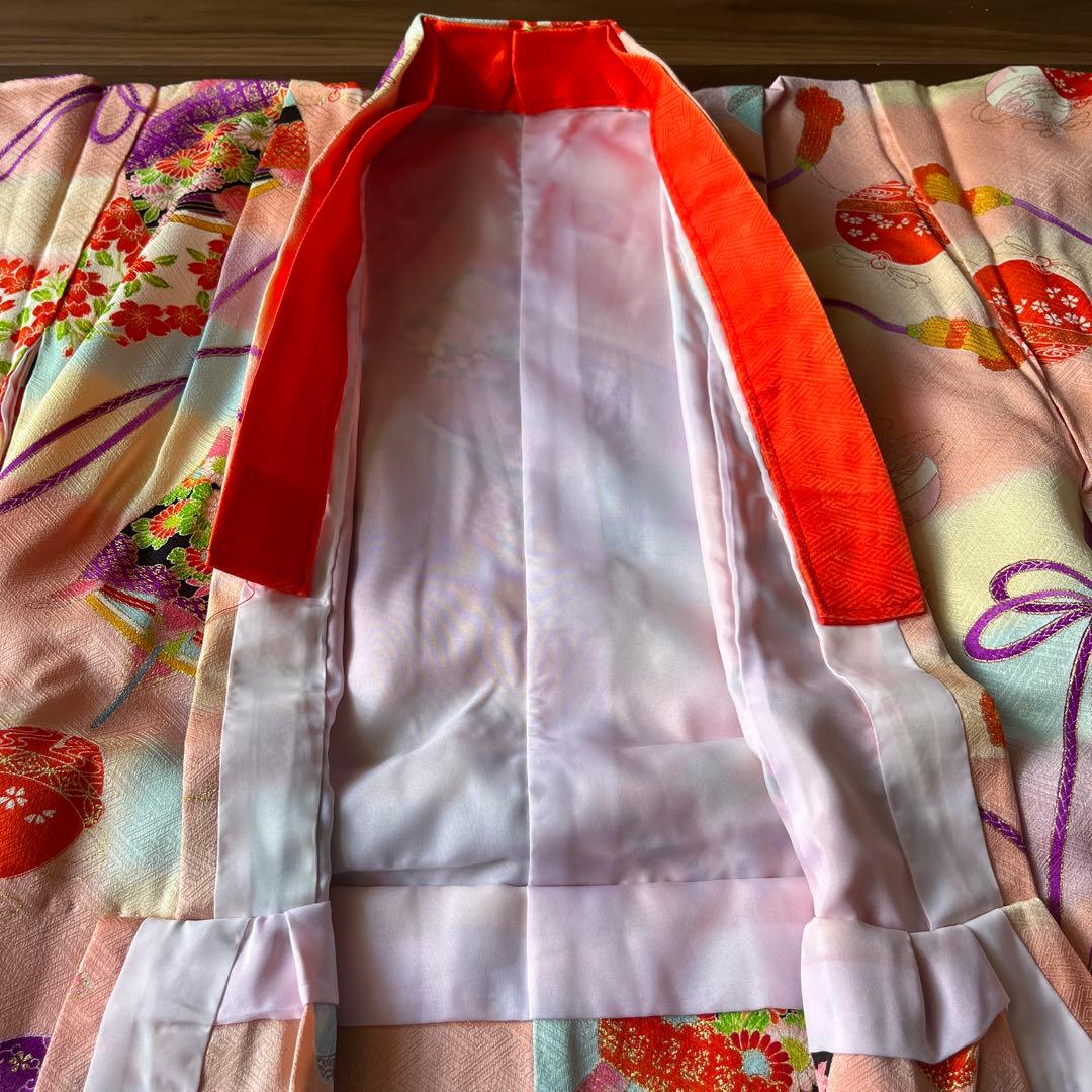 七五三 7歳女児用 正絹着物 帯 長襦袢 草履 バッグ等小物一式 ピンク系