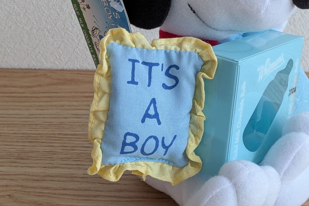 ホイットマンズスヌーピー　ジェンダーリビールぬいぐるみ 　IT'S A BOY!