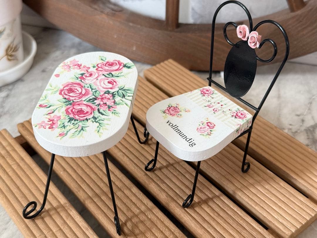 サイドテーブル※木製引き出しBOX※ミニチュア※樹脂粘土※掛け時計※デコパージュ