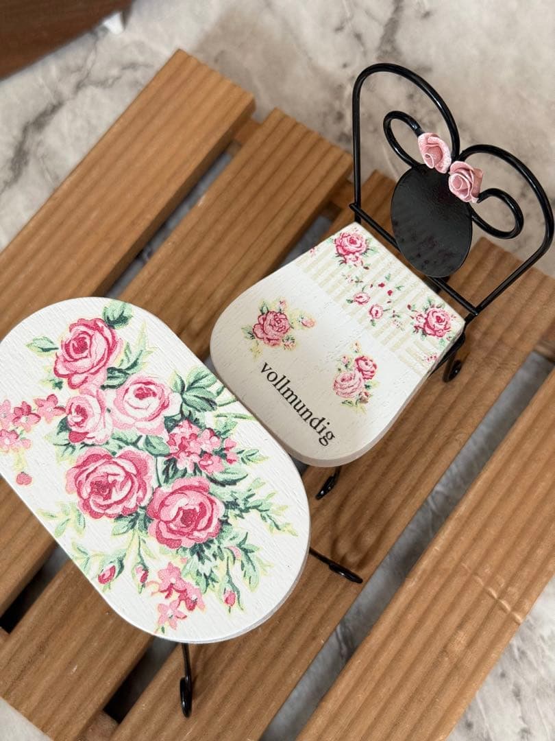 サイドテーブル※木製引き出しBOX※ミニチュア※樹脂粘土※掛け時計※デコパージュ