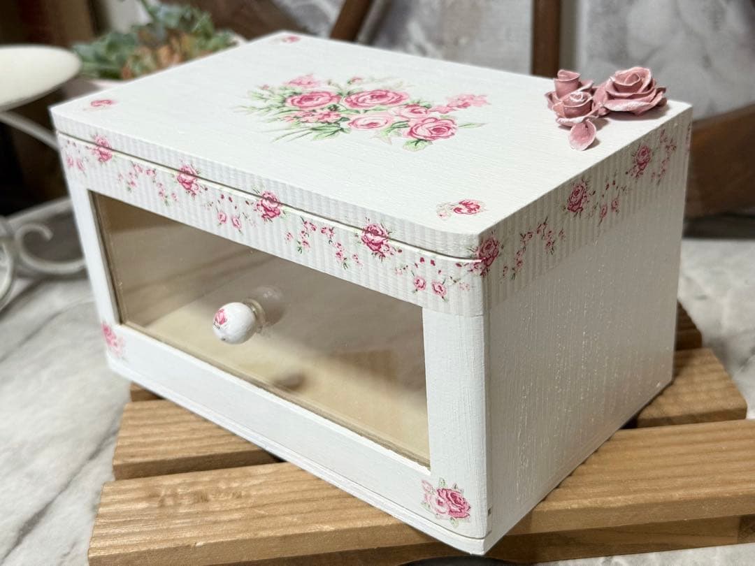 サイドテーブル※木製引き出しBOX※ミニチュア※樹脂粘土※掛け時計※デコパージュ