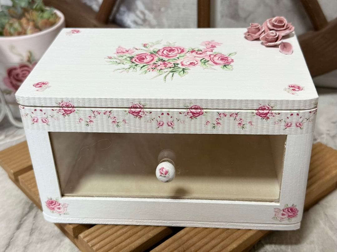 サイドテーブル※木製引き出しBOX※ミニチュア※樹脂粘土※掛け時計※デコパージュ