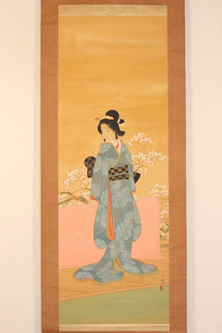No5277 掛軸　石井九峰　美人図　絹本着色　合箱　日本画　古美術　送料無料